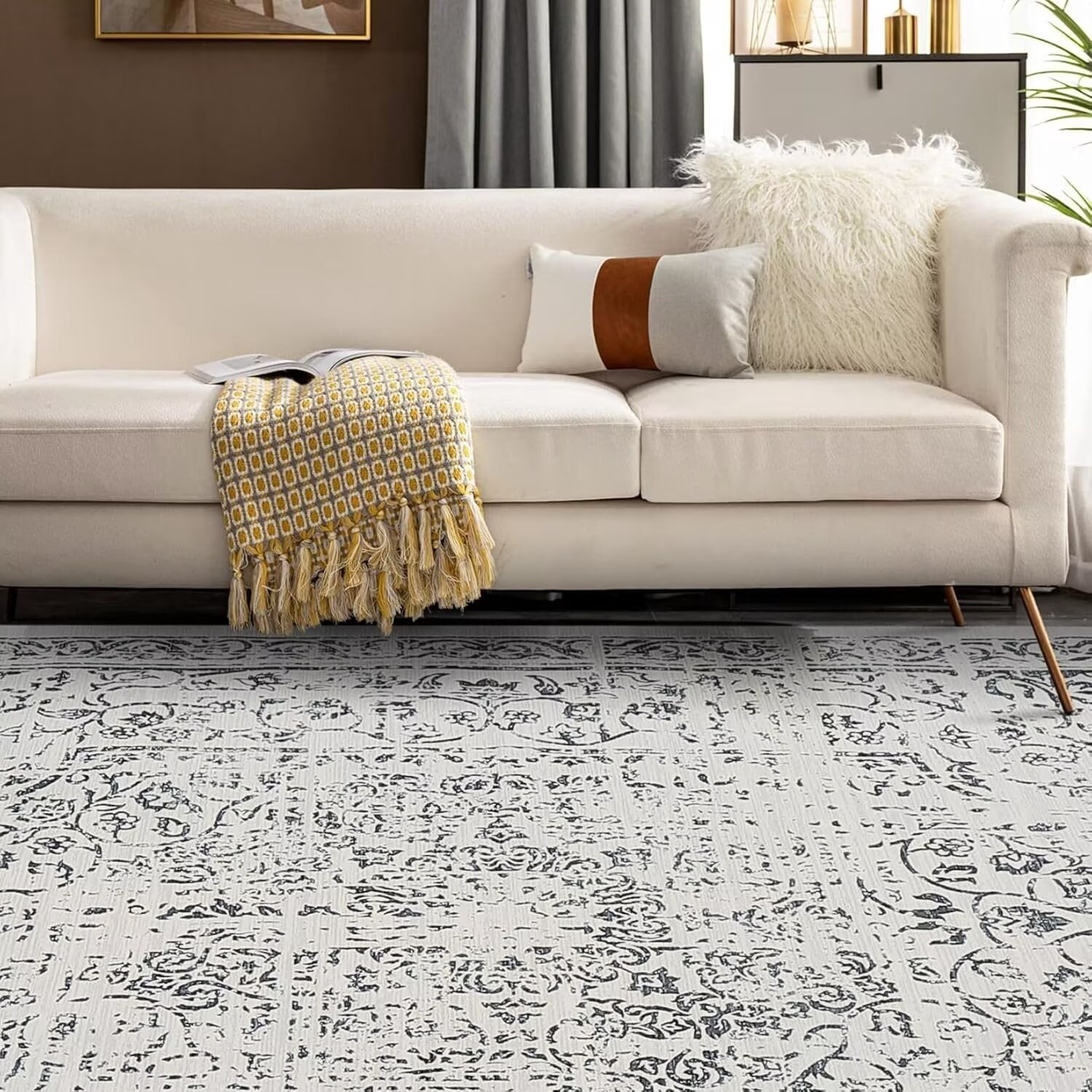 FairOnly Vintage Large Area Rugs 9'x12' Gray Washable Non Slip Soft Carpet for Living Room Ultra-Thin Indoor Floor Cover
