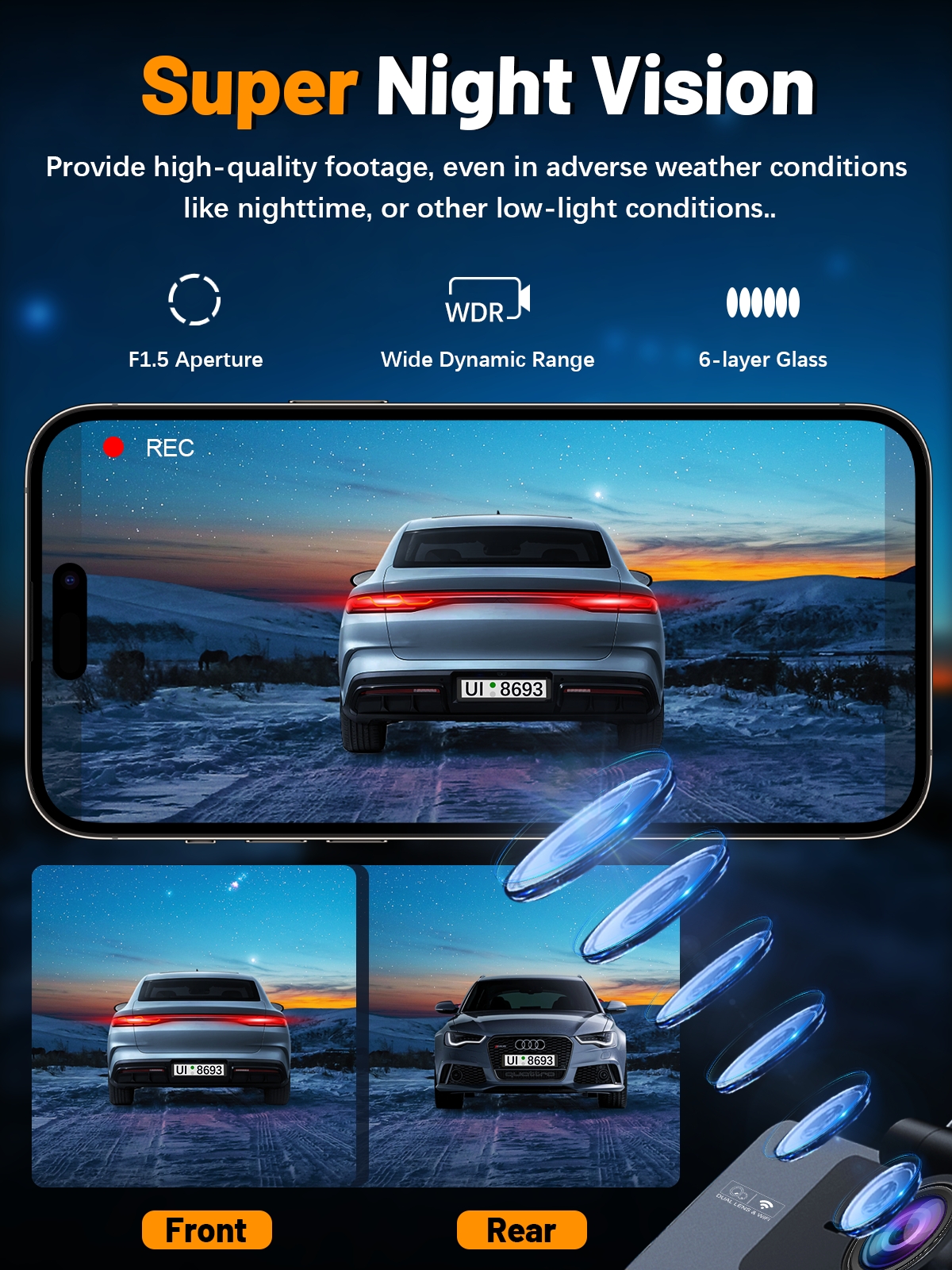 ODREY Dual Channel Dash Cam, 4K Front & 1080P Rear photo 4