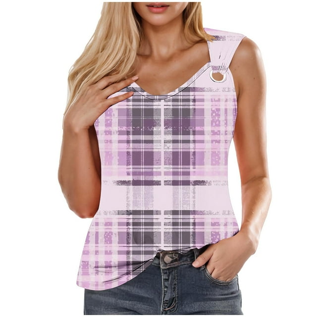 UPPADA Débardeur Décontracté pour Femme à Col en V, Chemises à Rayures Patchwork, Haut Fluide à Blocs de Couleur pour la Plage, Tunique d'Été Décontractée à Porter avec des Leggings, Violet, 2TG