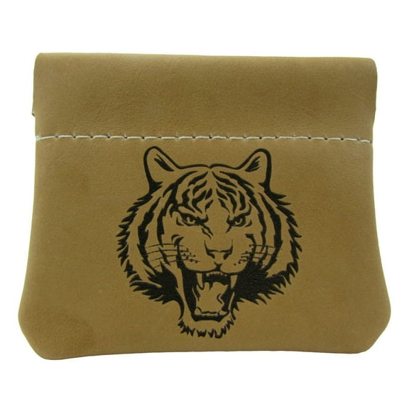 Engraved Tiger Head Leather Squeeze Coin Pouch Change Purse USA Made