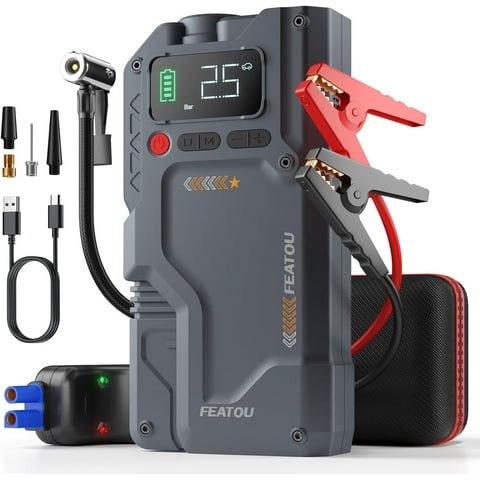 FEATOU V5 Portable Car Jump Starter with Air Compressor, 5000A 12V Battery Booster for 10.0L Gas/9.0L Diesel Engines, LED Light, USB QC 3.0