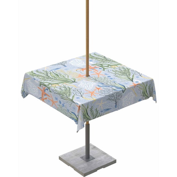 Hokiten Outdoor Tablecloths with Umbrella Hole & Zipper, Green Coral Ocean 54x54 Inch Square Tablecloths, Summer Shell Starfish Coastal Beach Waterproof Table Cloth, Patio/Pool/Picnic Table Covers