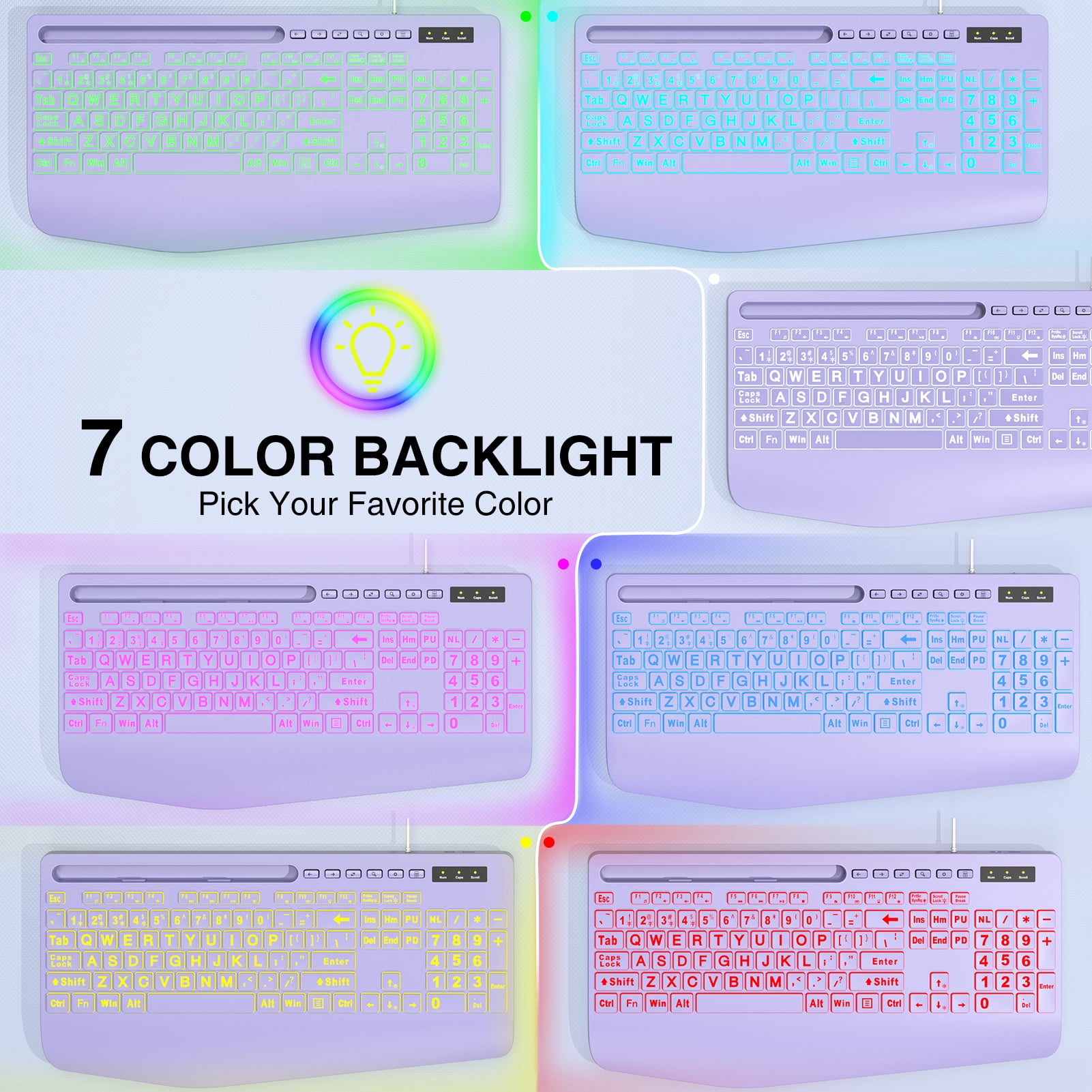 Wagpak Large Print Backlit Wired USB Keyboard (Purple) - with 7-Color Backlight, Wrist Rest, Phone Stand