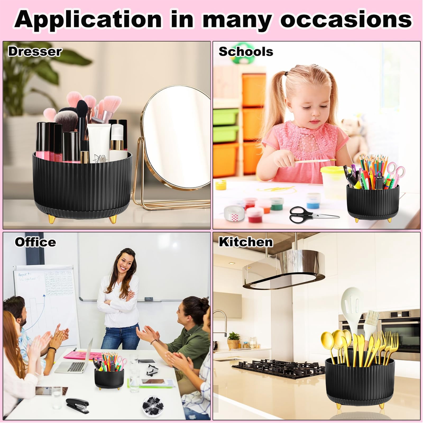 Black Desk Organizers And Accessories Set With 360-degree Rotating Pen Holder  Tape Dispenser Stapler Staple Remover 1000 Staples Clips Ruler Scissor