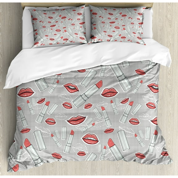 Hipster Duvet Cover Set, Make up Pattern Lips and Lipstick Fashion Girl Theme Beauty Treatment Cosmetic Design, Decorative 3 Piece Bedding Set with 2 Pillow Shams, Calking Size, Red Grey, by Ambesonne