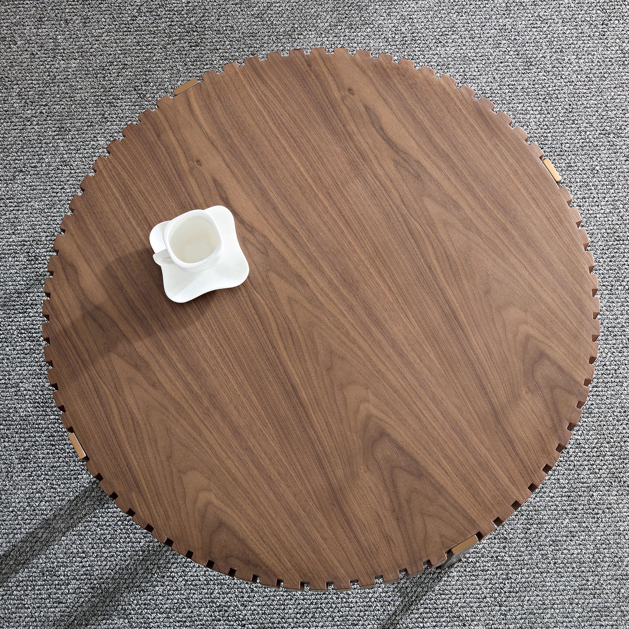 MAYEERTY 31.5 Inch Modern Handcraft Drum Coffee Table, Round Sturdy Pedestal Small Table for Living Room, Walnut