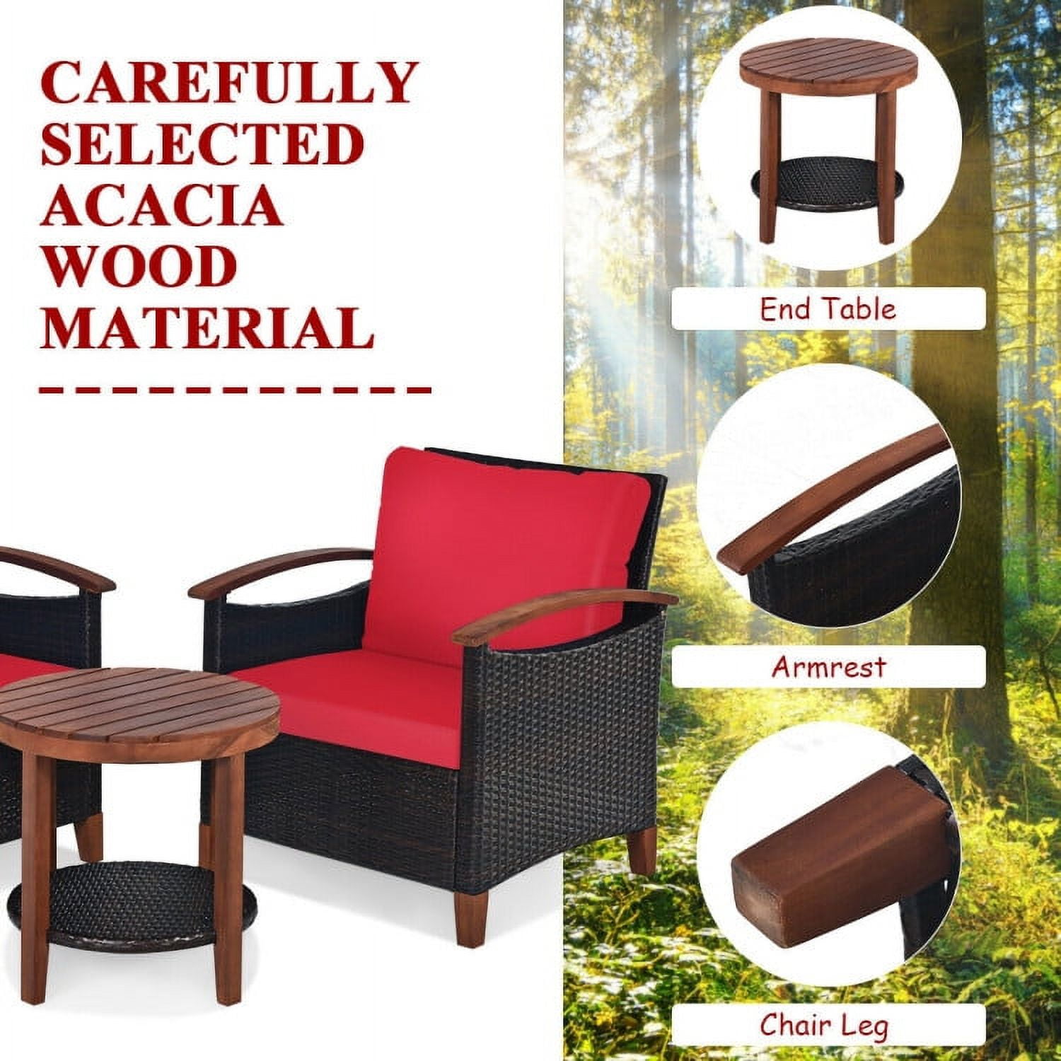 Aimee Lii 3 Pieces Patio Rattan Furniture Set with Washable Cushion and Acacia Wood Tabletop, Small Patio Set, A-Red Aimee Lii 3 Pieces Patio Rattan Furniture Set with Washable Cushion and Acacia Wood Tabletop, Small Patio Set, A-Red