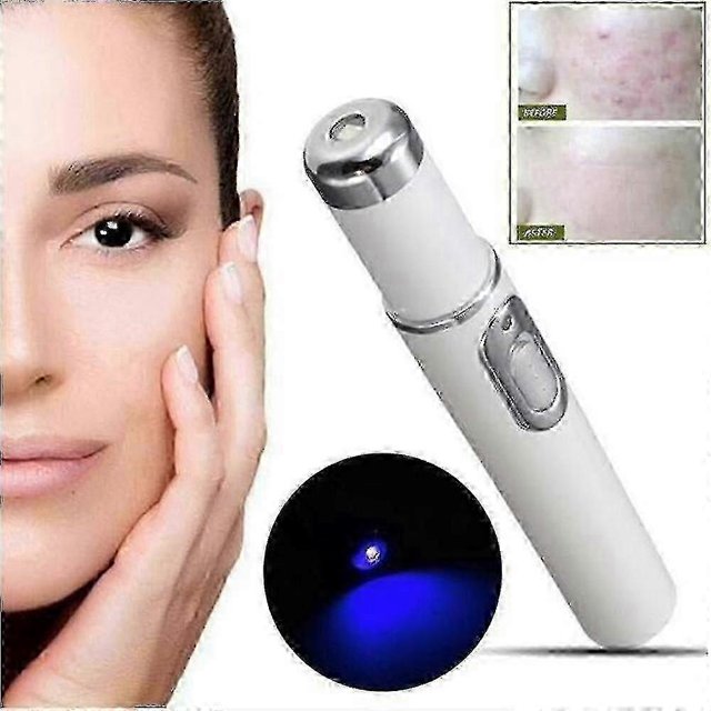 blue light therapy laser pen for spider vein removal wrinkle and acne treatment Multicolor handheld white pen with silver tip shown in a 3/4 profile, single slide button on the shaft, inset shows active blue LED and a small before/after skin patch; battery powered (1×AA, not included) and often used for targeted spot treatment on face and body.