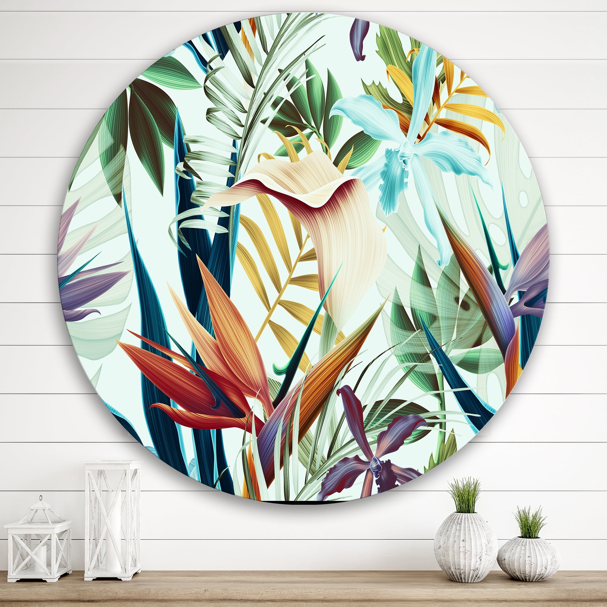 Designart 'VIntage Tropical Flowers I' Tropical Circle Metal Wall Art 36x36 - Disc of 36