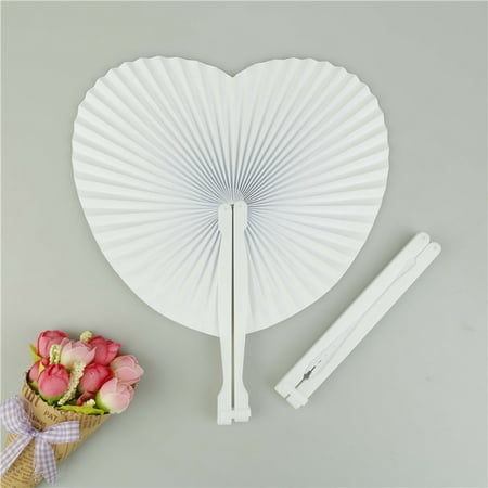 

5XWedding white heart shaped diy painting paper fan hand held folding fans InWA