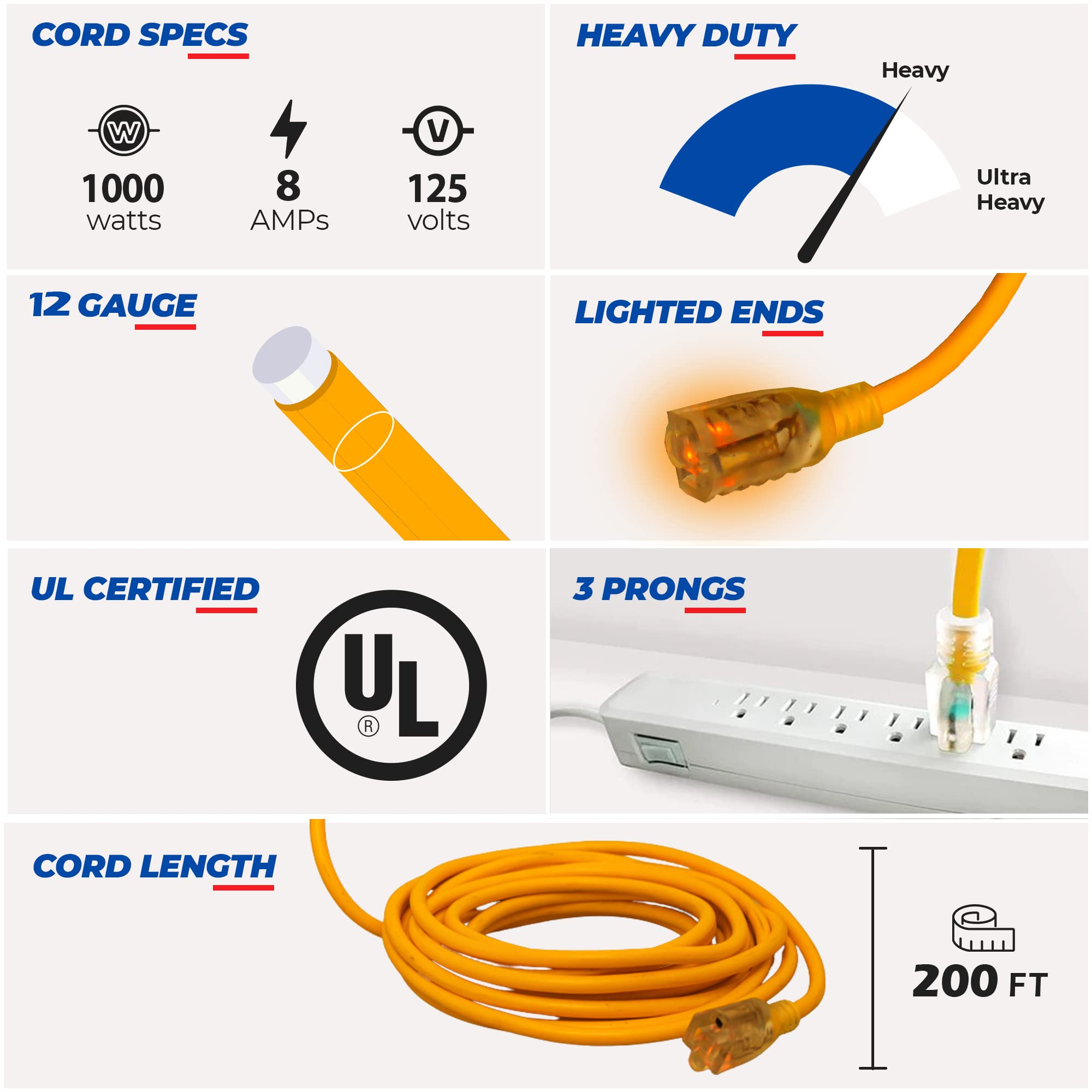2-pack) 200 ft Power Extension Cord Outdoor  Indoor Heavy Duty 12 gauge/3  prong SJTW (Yellow) Lighted end Extra Durability AMP 125 Volts 1000 Watts  by LifeSupplyUSA