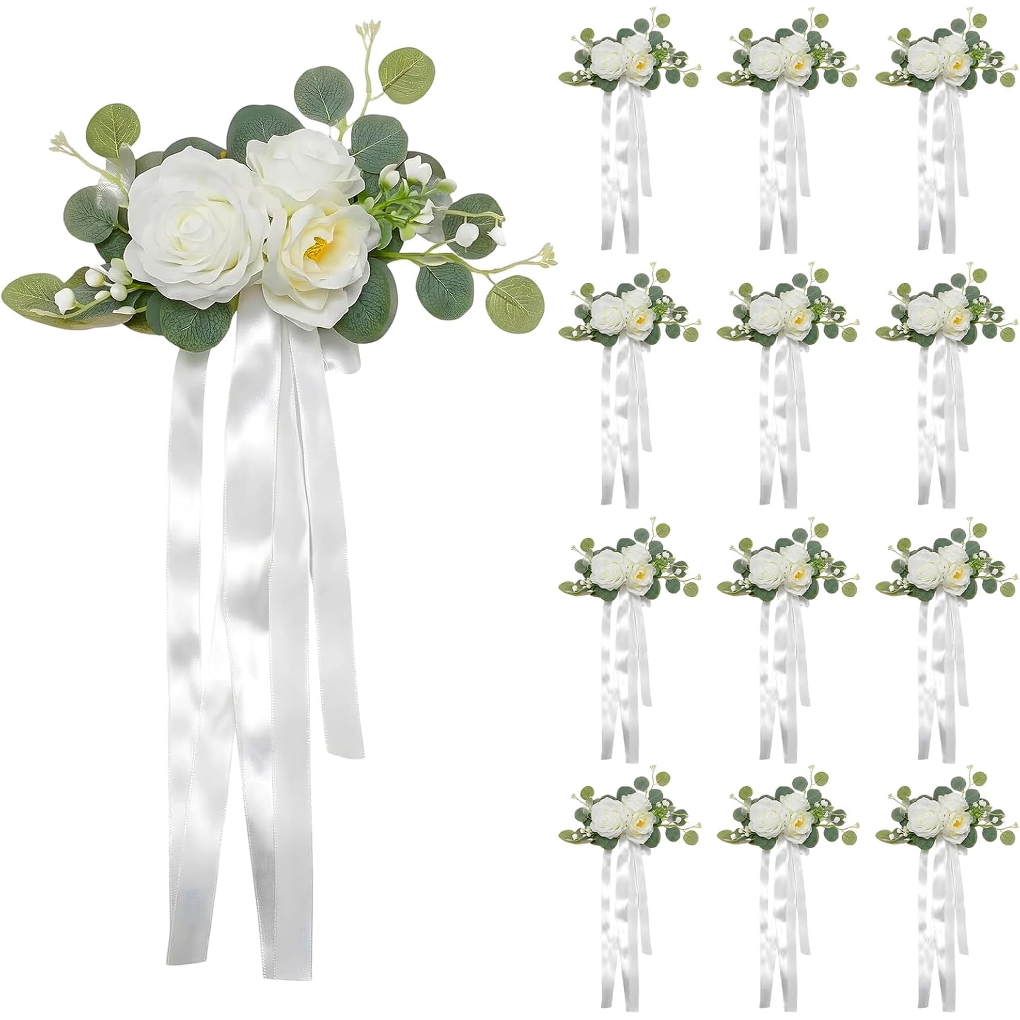 12 Pcs Wedding Aisle Decorations, Artificial Wedding Decorations with Rose Bouquets and Ribbons, Aisle Decor for Weddings, Ceremonies, Christmas, Birthdays, Parties