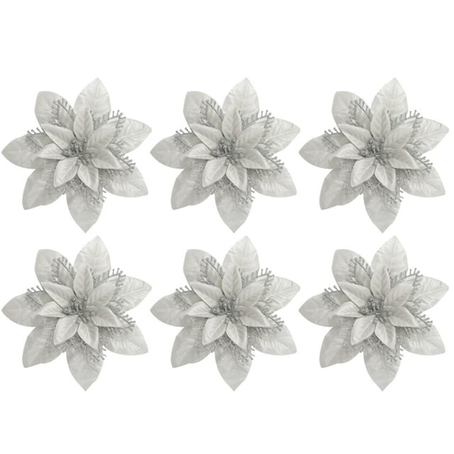 6PCS 5.1'' Christmas Poinsettias Glitter Artificial Flower Christmas Tree Flower