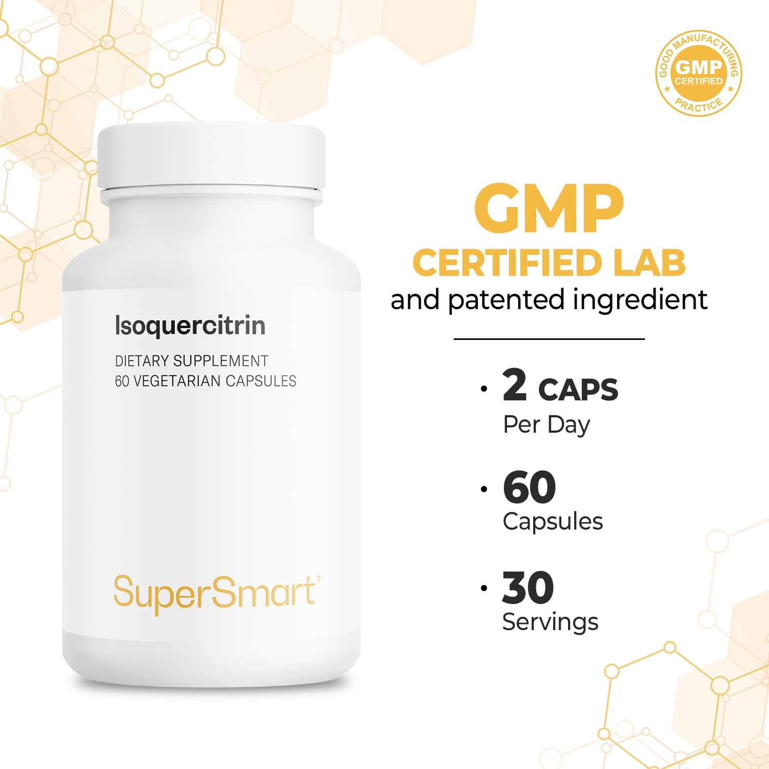 SuperSmart Alpha Glycosyl IsoQuercitrin 200mg per Day (Patented) - Bioactive Quercetin EMIQ - Flavonoid Supplement | Non-GMO & Gluten Free - 60 Vegetarian Capsules