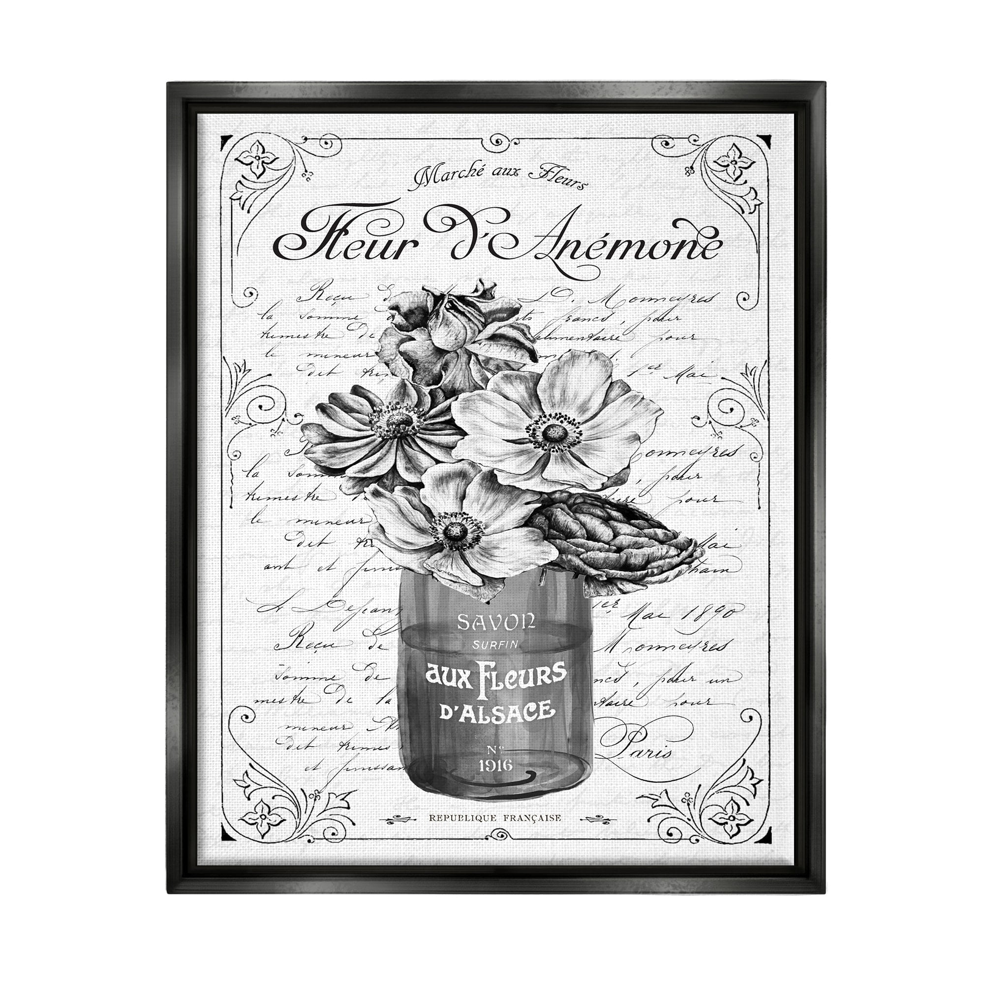 Stupell Industries Anemone Flower French Text Fancy Floral Border Graphic Art Luster Gray Floating Framed Canvas Print Wall Art, Design by Lettered and Lined