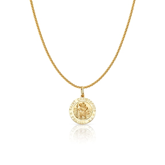 14K Yellow Gold St. Christopher Protect Us Charm Pendant with 1.1mm Wheat Chain Necklace - 16"