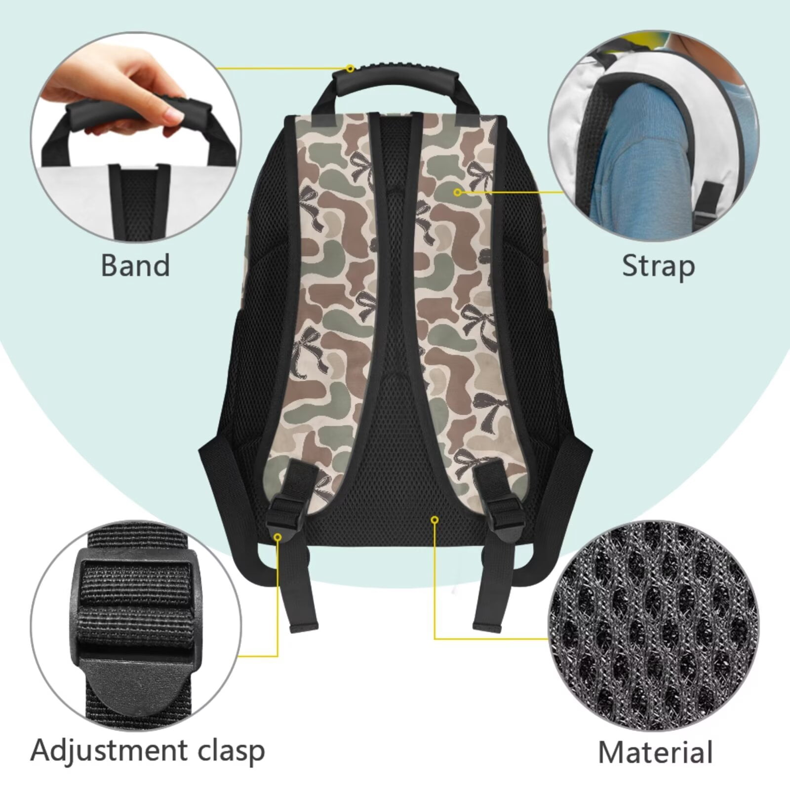 Pzuqiu Camo Bow Print 4 Pieces Backpack Set with Insulated Lunch Box Pencil Case 2pcs Bookmark Lightweight School Bags Set 17 Inch Bookbags for Kids Back to School
