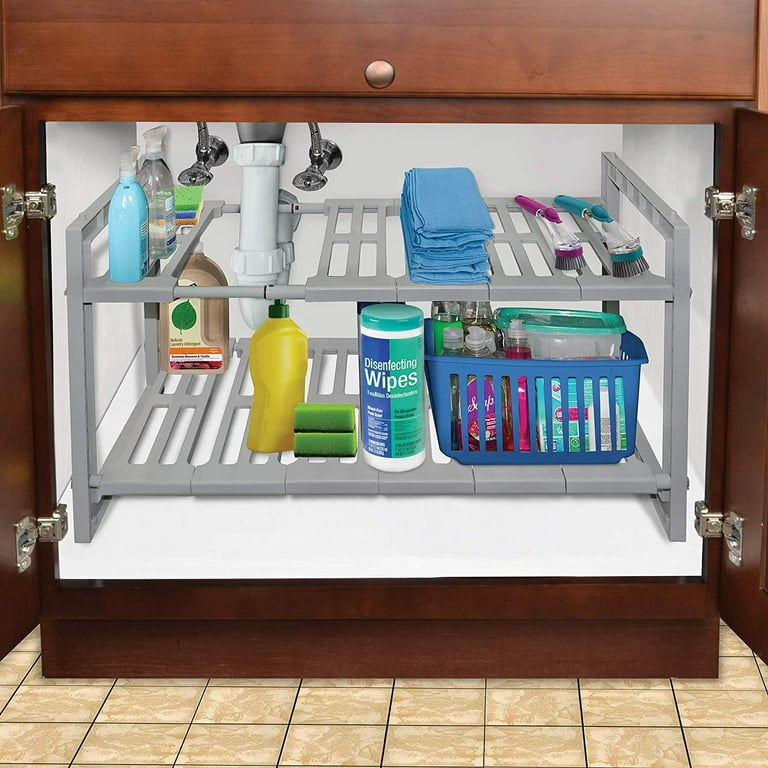Smart Design 2-Tier Under Sink Expandable Organizer w/ 6 Adjustable Shelves  - Expands 18 to 31 Inch - Solid Plastic Frame - for Sinks, Bathroom,  Pantry, & Shelf Organization - Kitchen [Gray] 