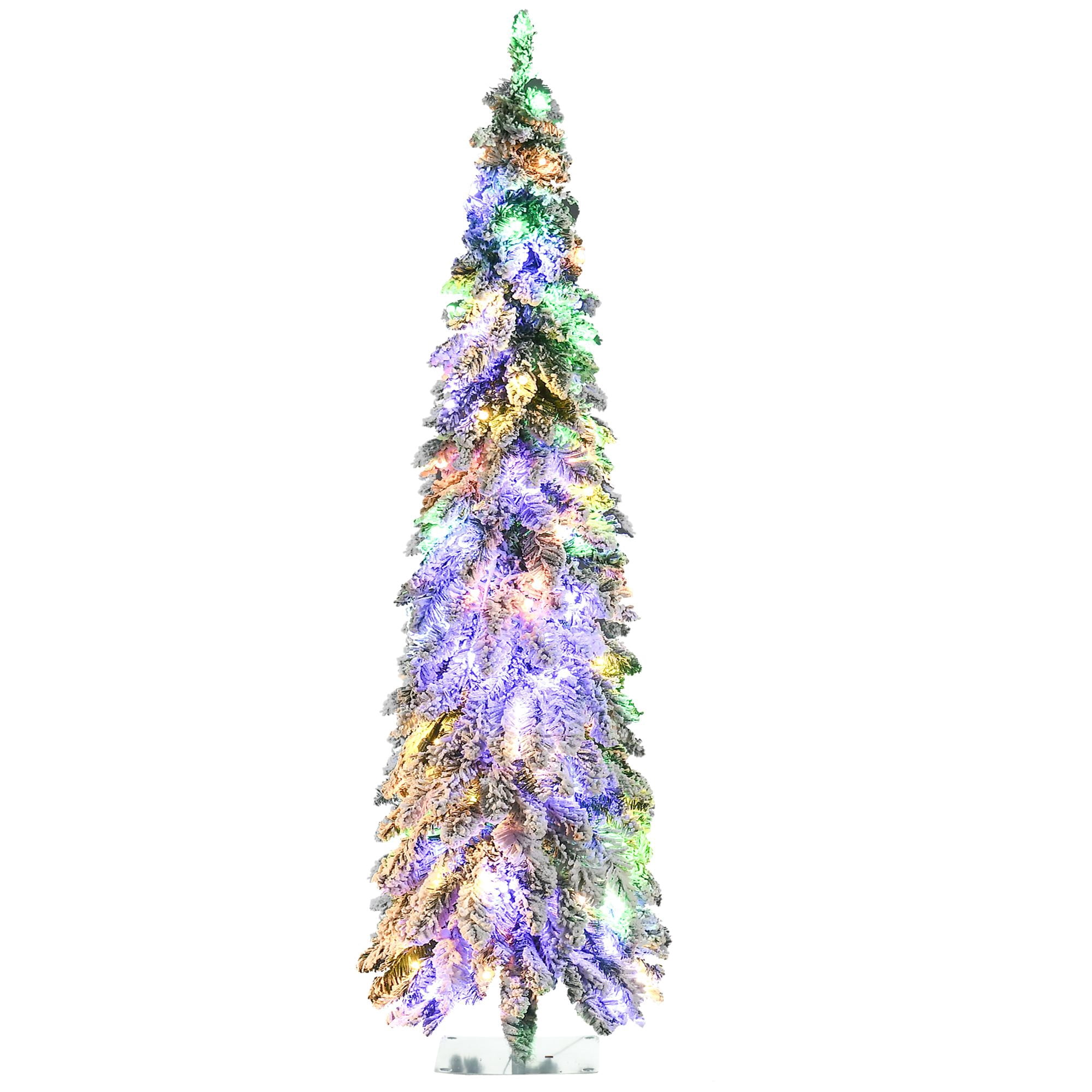 6 ft Artificial Slim Christmas Tree with Snow Frosted Branches, Pre-Lit LED Lights, Downswept Pencil Shape for Small Rooms and Entryways