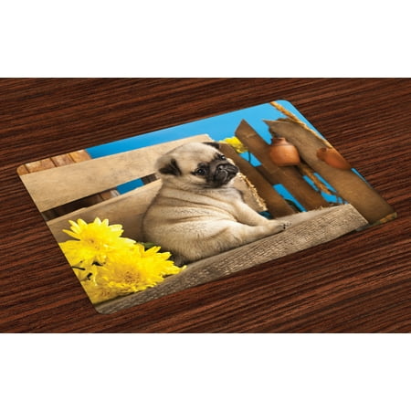 

Pug Placemats Set of 4 Adorable Puppy Photography with Sad Dog and Wildflowers on a Park Bench Washable Fabric Place Mats for Dining Room Kitchen Table Decor Pale Brown Yellow Blue by Ambesonne