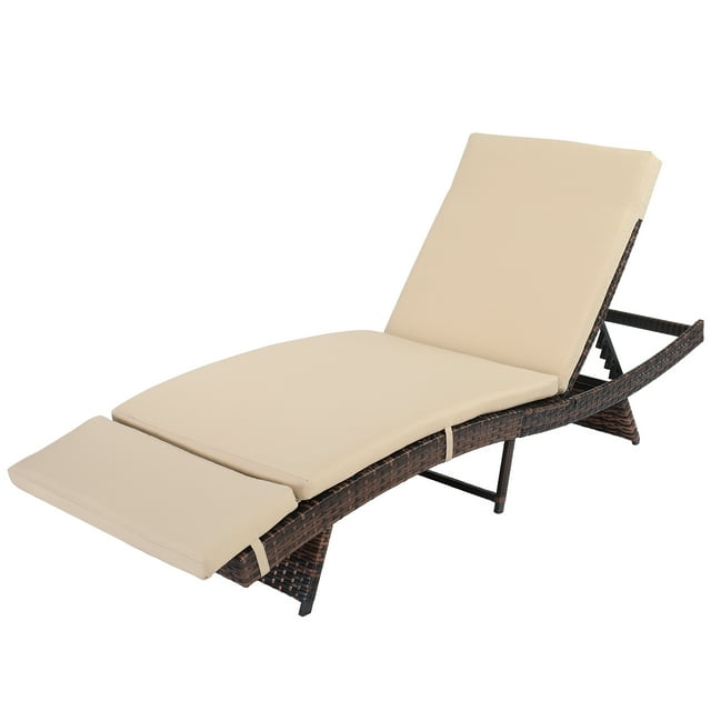 uhomepro Patio Rattan Lounge Chair Chaise Recliner, Outdoor Patio Furniture Set for Pool, Reclining Rattan Lounge Chair Chaise Couch Cushioned with Adjustable Back, Beige