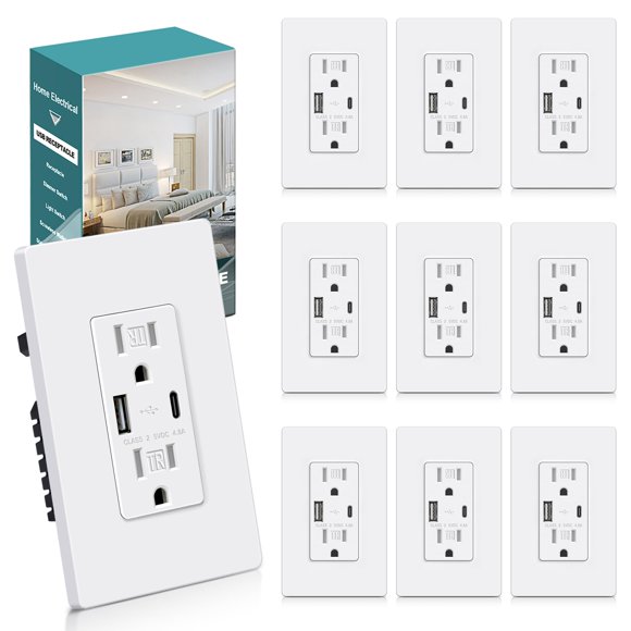 Tomacorriente eléctrico BESTTEN de 15 amperios con USB tipo C y A, paquete de 10