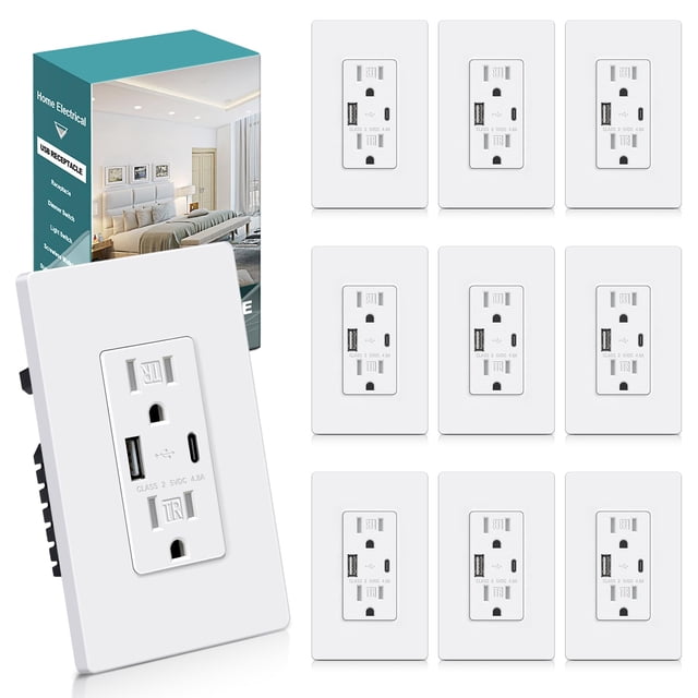 Tomacorriente eléctrico BESTTEN de 15 amperios con USB tipo C y A, paquete de 10