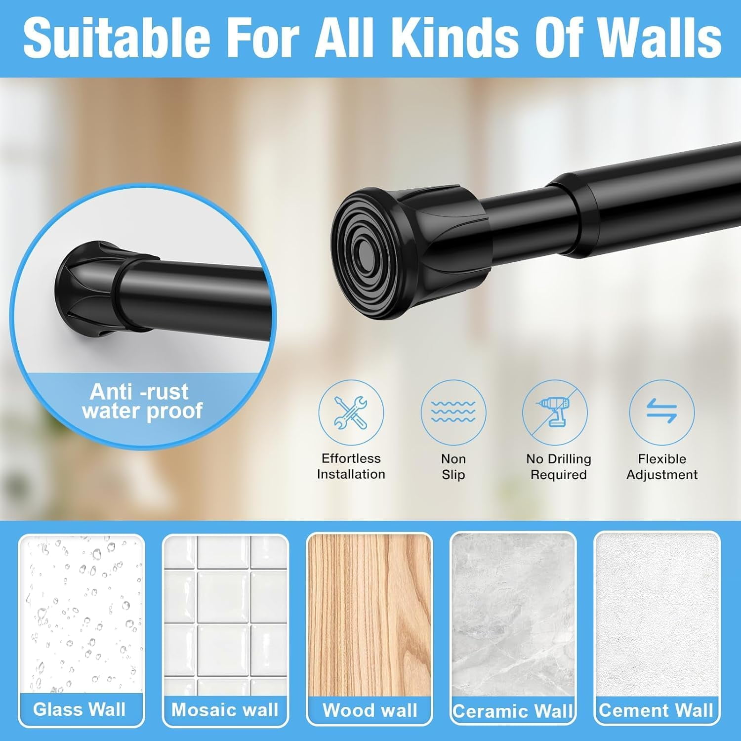 FRKSMD-2 Pack Spring Tension Rods 28-48 Inches,5/8" Diameter Black Spring Loaded Curtain Rods,Adjustable Small Short Tension Curtain Rod for Windows,Kitchen, Doorway,Bathroom,Cupboard Bars