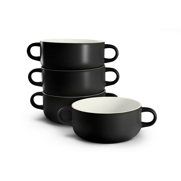 Kook Soup Crocks, Ceramic Bowls, 18 Oz, Set of 4 Black