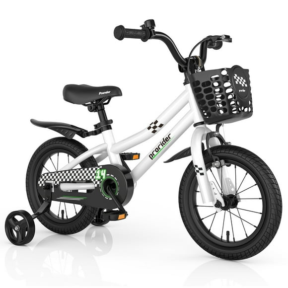 Costway Vélo pour Enfant de 14 Pouces avec Roues Stabilisatrices Amovibles et Panier pour 3 à 5 Ans Blanc