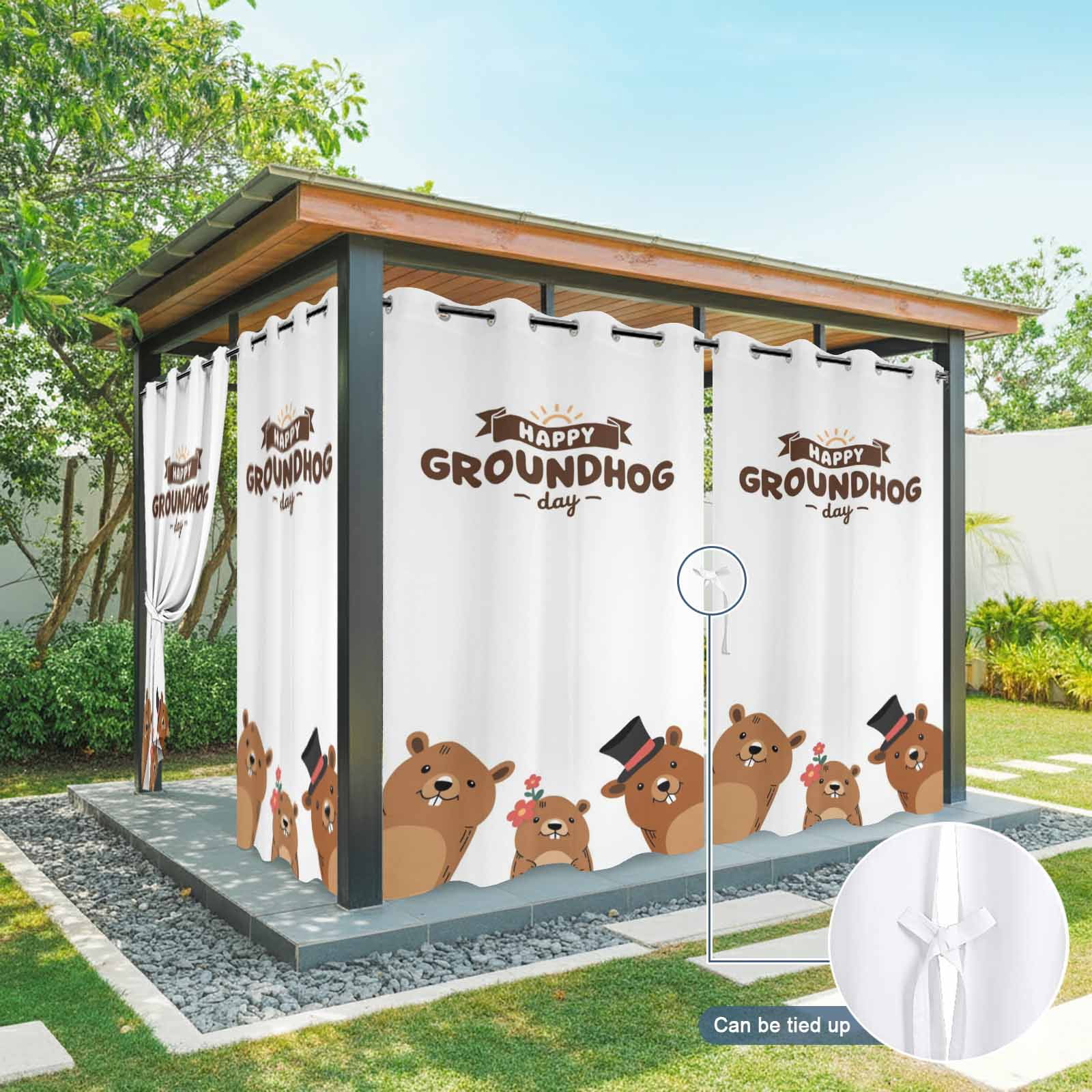 Outdoor Curtains for Patio Waterproof, Groundhog Day Outdoor Privacy Panels Grommet, Cartoon Funny Modern Farmhouse Country Cute Blackout Outside Curtains for Porch/Cabana 54"x108", 1 Panel