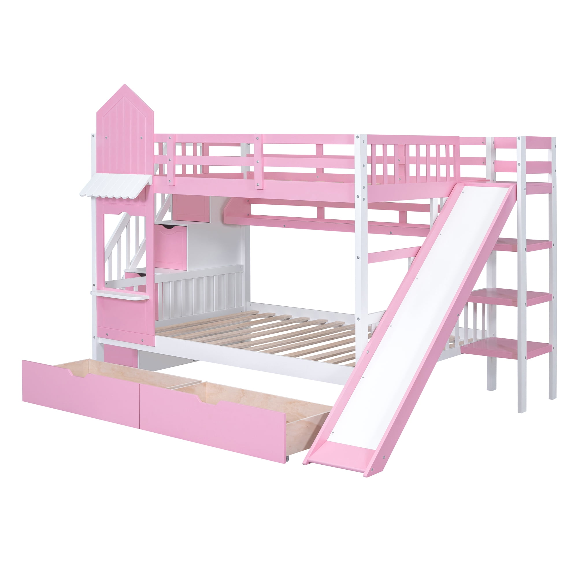 Full over Full Bunk Bed for Kids, Castle Style Bunk Beds with 2 Drawers, Slide and Storage Shelves, Solid Wood Bunk Bed Frame for Kids Girls Boys Teens
