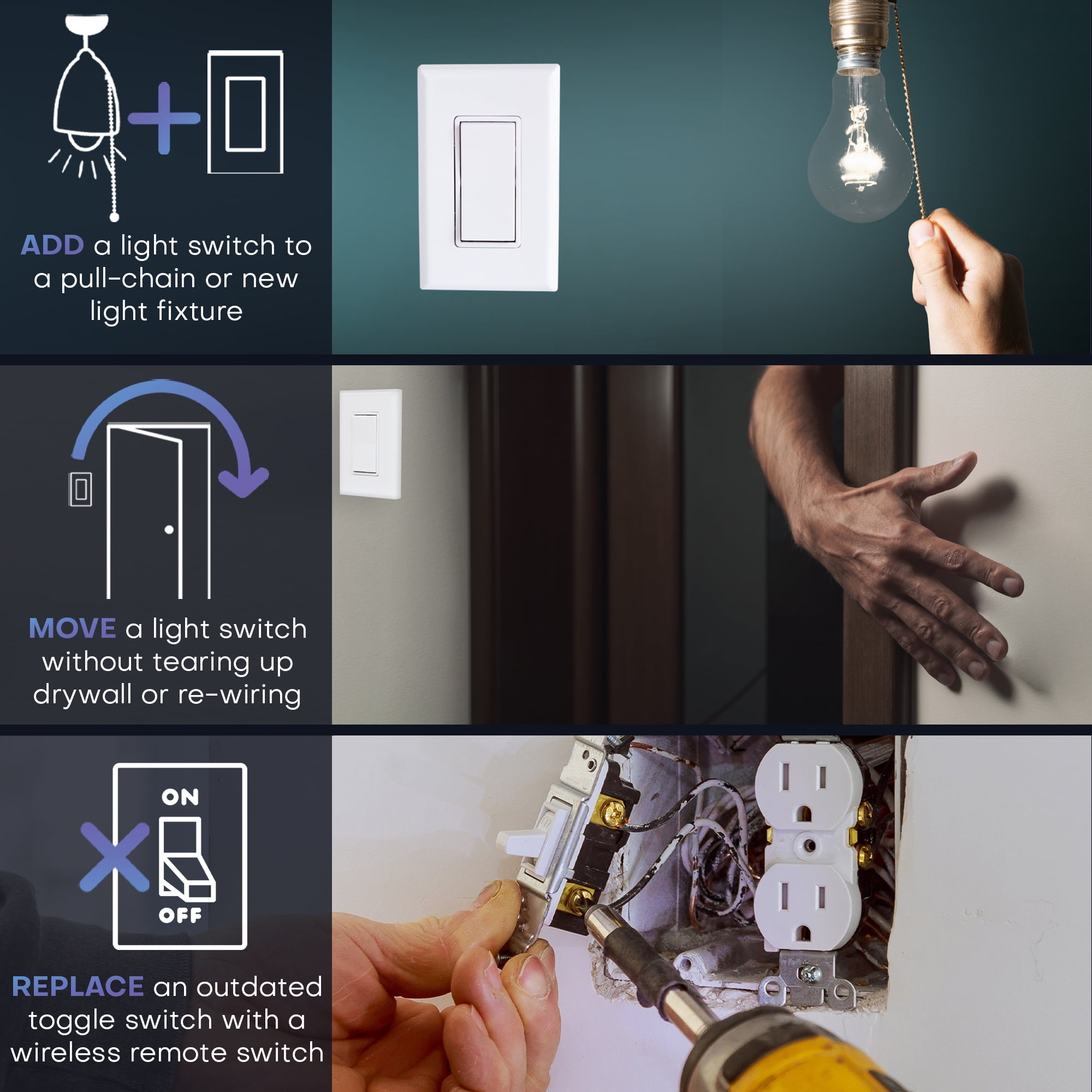 RunLessWire Single Pole On/Off Wireless Battery-Free Remote Light Switch Kit 150ft Range – White