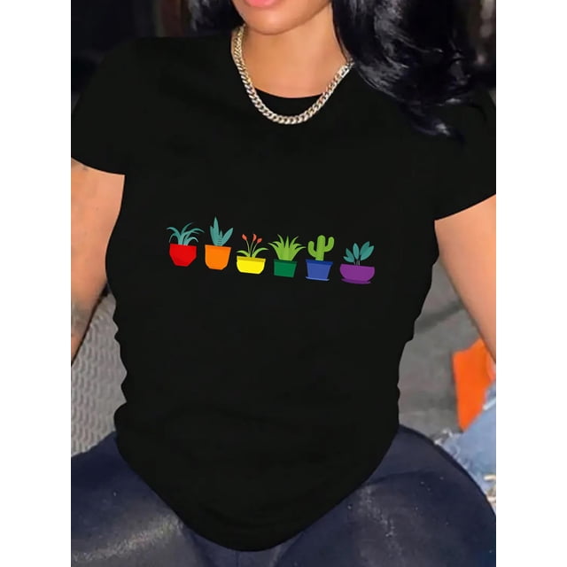 Camiseta de verano para mujer Suave elegante con Cuello redondoWomen's Casual Black T-Shirt with Colorful Potted Plant Print - Short Sleeve, Round Neck, Comfortable Polyester Blend, Ideal for Summer