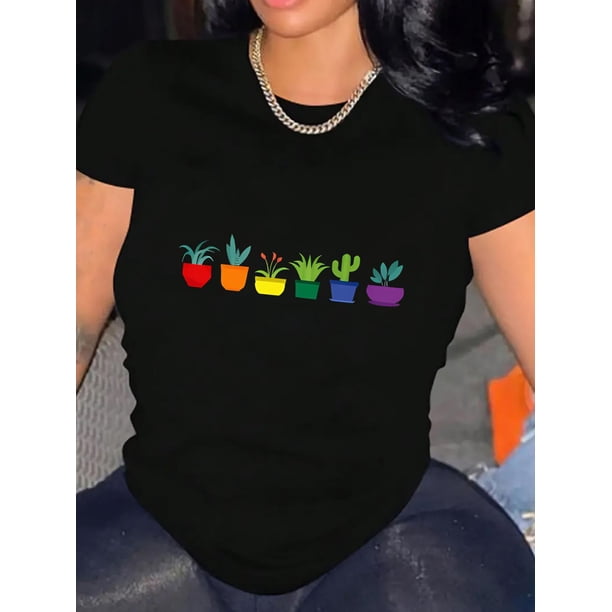 Camiseta de verano para mujer Suave elegante con Cuello redondoWomen's Casual Black T-Shirt with Colorful Potted Plant Print - Short Sleeve, Round Neck, Comfortable Polyester Blend, Ideal for Summer