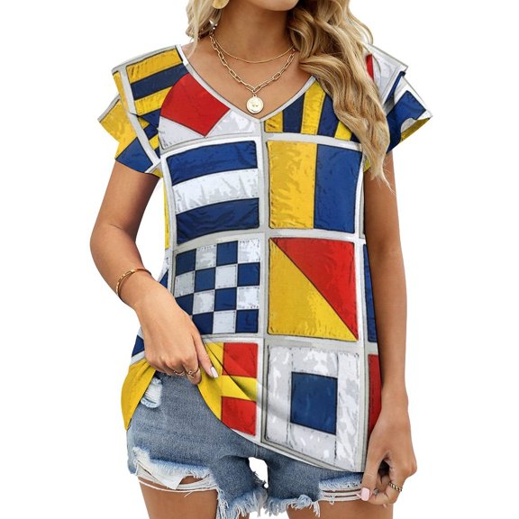 Flags Lotus Leaf Neck Women'S T-Shirt Cute Elegant Tops Tees Long Sleeve T-Shirts Casual Shirts Flags Sailing Boats Schooners
