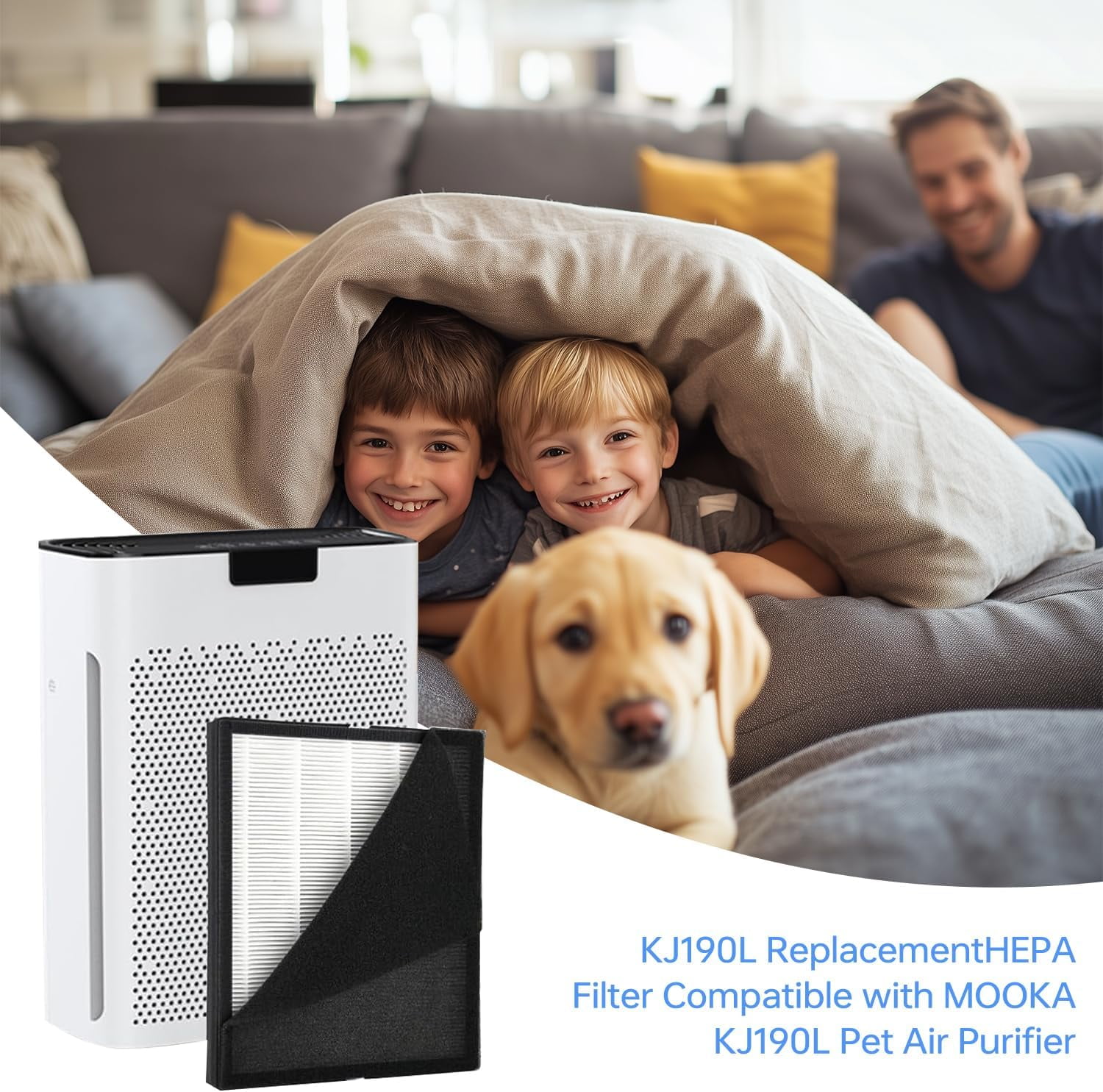 1 Pack KJ190L Replacement Filter,Compatible with MOOKA KJ190L Pet Air Purifier,Suitable for Large Room with 2000 Ft², 1 H13 True HEPA Filters & 1 Washable Pre-Filters for Pet-raising family