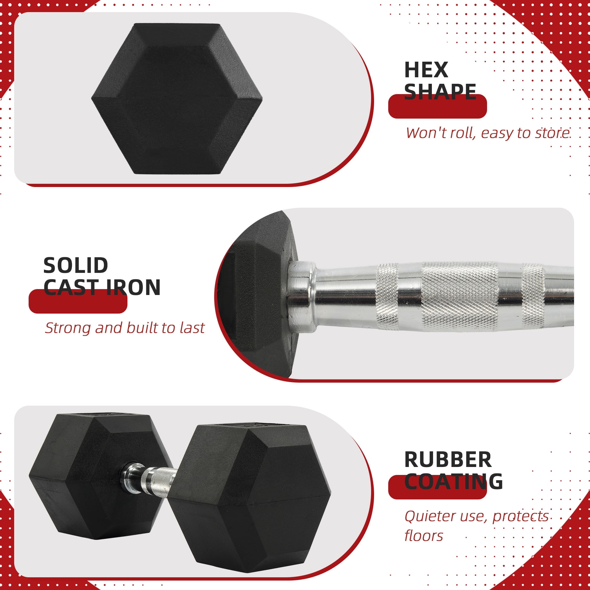 FlexWave Rubber Encased Hex Dumbbell Set – 70LB/80LB/90LB/110LB/120LB/130LB/140LB/160LB Total Weight, Black, Solid Cast Iron with Non-Slip Grip for Strength Training and Home Gym