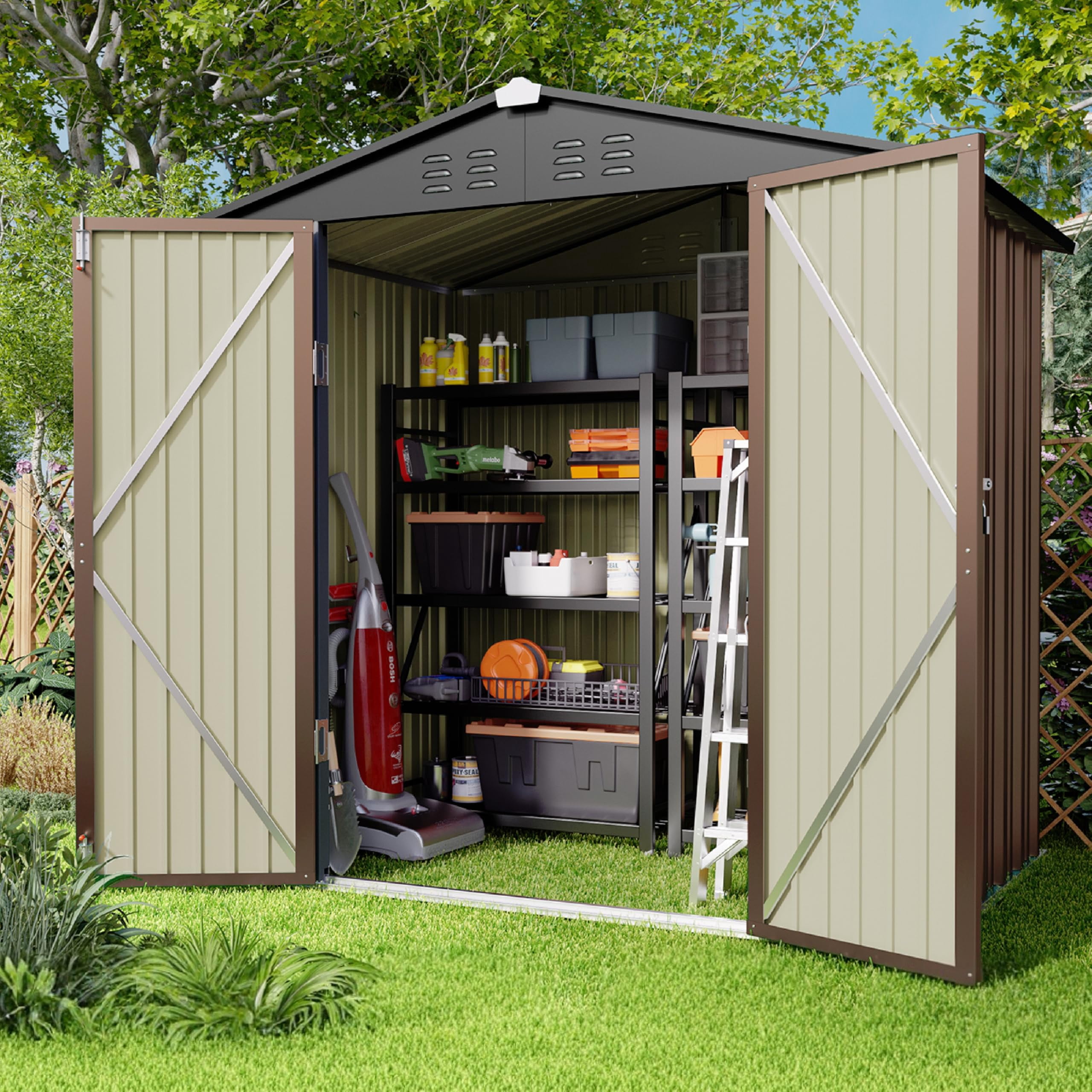 6' x 4' Outdoor Storage Shed with Lockable Door, Aiho Metal Garden Shed, House Storage Sheds Outdoor for Backyard, Garden & Patio Organization - Light Brown