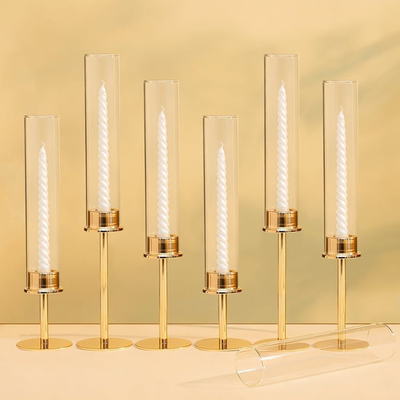Lumikrypt Set of 6 Gold Hurricane Glass Taper Candle Holders,Metal Candlestick Holders with Clear Cylinder Sleeves, Tall Candle Sticks Holder Decor for Table Centerpiece, Wedding