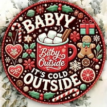 HELLOYOUNG Festive Christmas Wreath Metal Sign, "Baby It's Cold Outside" Holiday Wall Decor, Round Iron Plaque for Bar Cafe Club
