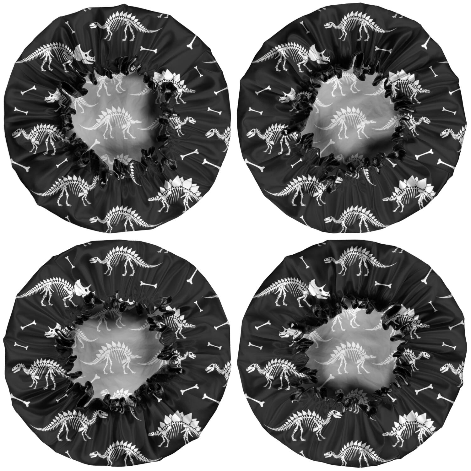 Shower Caps,Black Cartoon Dinosaurs Skeletons Bones Pattern Waterproof Shower Cap for Women 4 Pieces,Double Reusable Hair Cover for Shower PEVA Elastic Stretch Hem