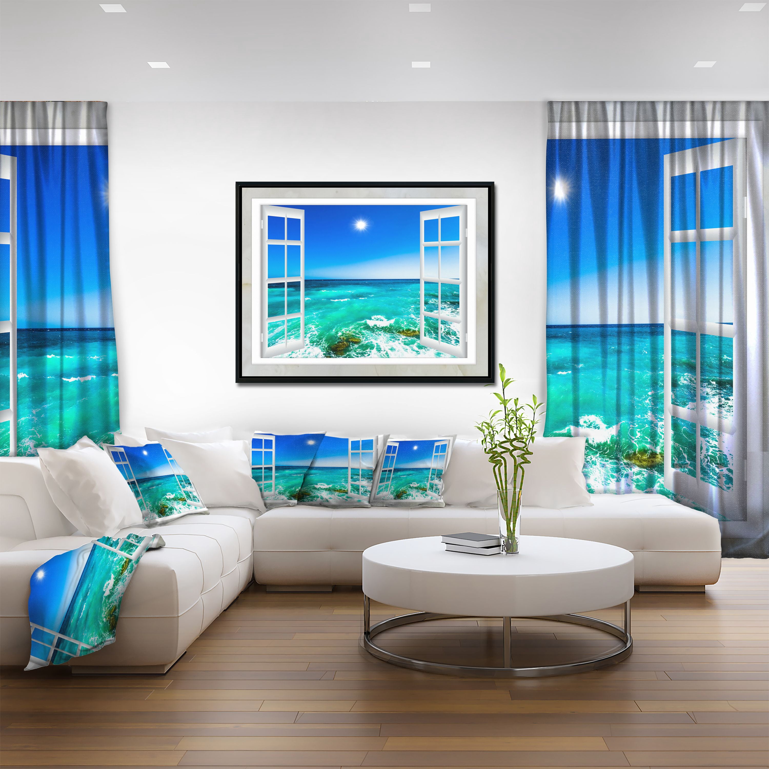 Designart ' Open Window to Wavy Ocean ' Extra Large Seashore Framed Canvas Art