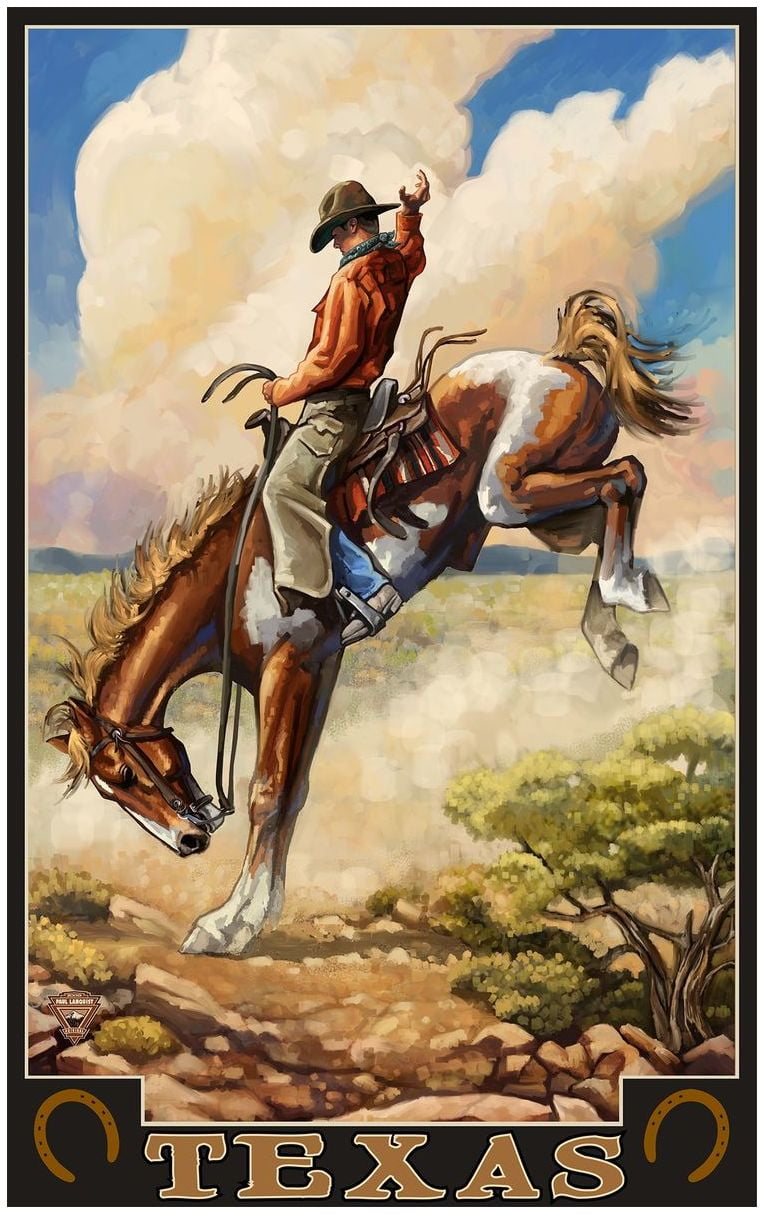 Texas Bucking Bronco Travel Art Print Poster by Paul A. Lanquist (30" x