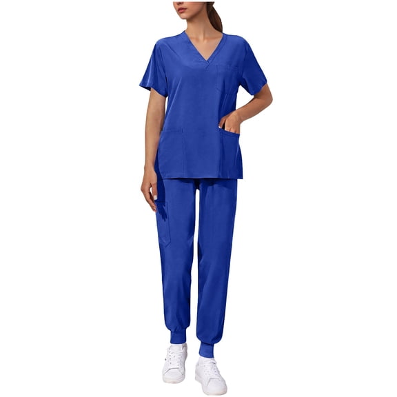 Women's Solid Color Scrubs Set, Mandarin V-Neck Short Sleeve Top with Pocket & Drawstring Jogger Pants, Comfortable Medical Workwear for Nurses, Healthcare Workers & Dental Hygienists