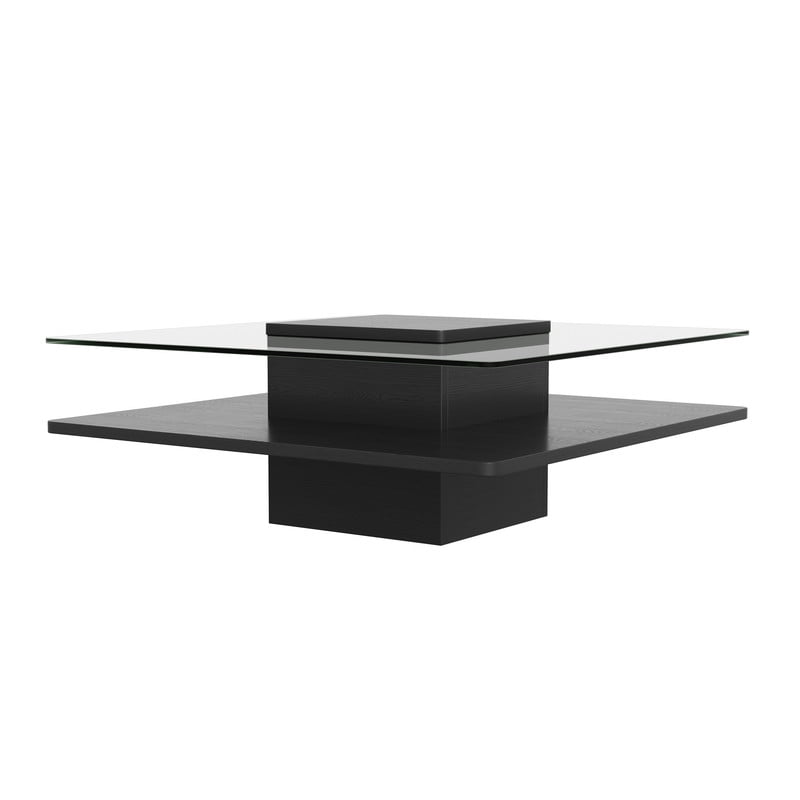 31.5''W Square Cocktail Coffee Table with Clear Tempered Glass Top, 2-Tier Accent Center Table with Open Storage Shelf