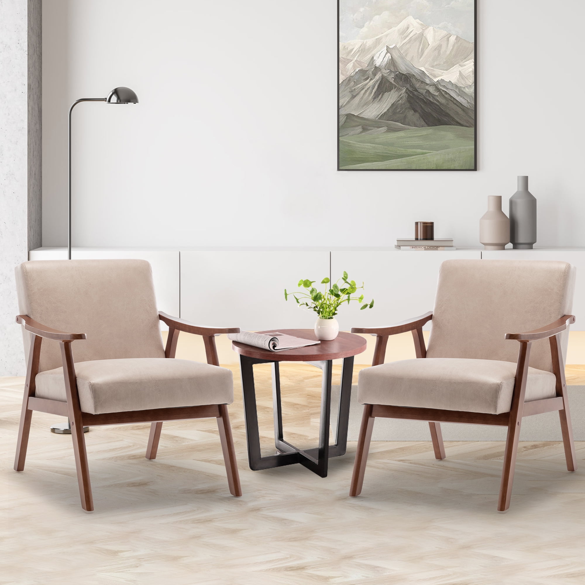Mid-Century Modern Accent Chair,Velvet Upholstered Arm Chair with Solid Wood Frame & Extra-Thick Backrest,Single Sofa Armchair for Living Room, Bedroom, Balcont,Light Camel