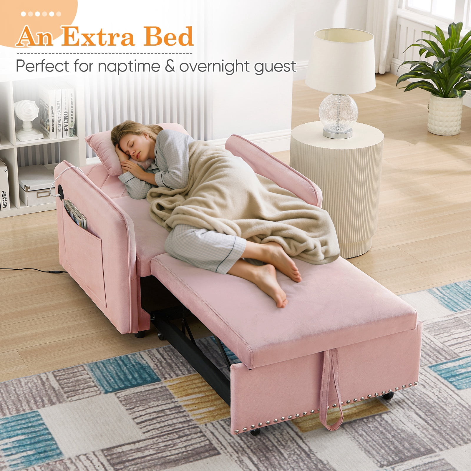 Lunale Convertible Sleeper Chair Bed, Indoor Lounge Chair with USB, Velvet Single Sofa Bed, Pink