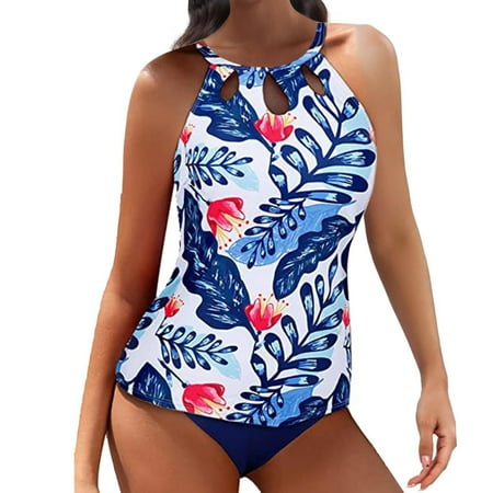 Tiqkatyck Bikini Sets for Women Clearance  Two Piece High Neck Tankini Swimsuits for Women Bathing Suits Floral Print Swimwear Bathing Suit for Women  Swim Suits for Women 2024 Blue XS XS