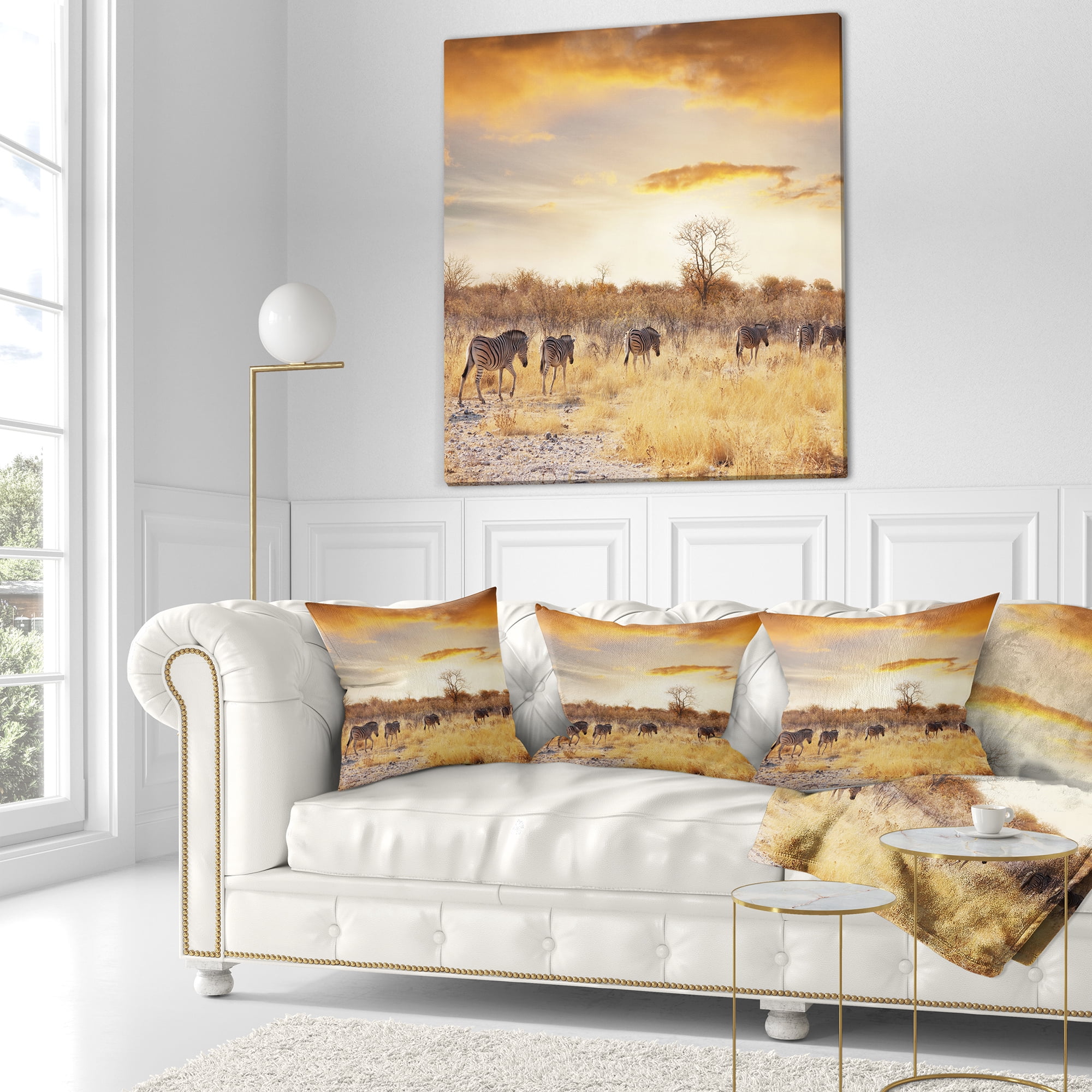 Designart African Zebras Walking in Row - African Landscape Printed Throw Pillow - 18x18